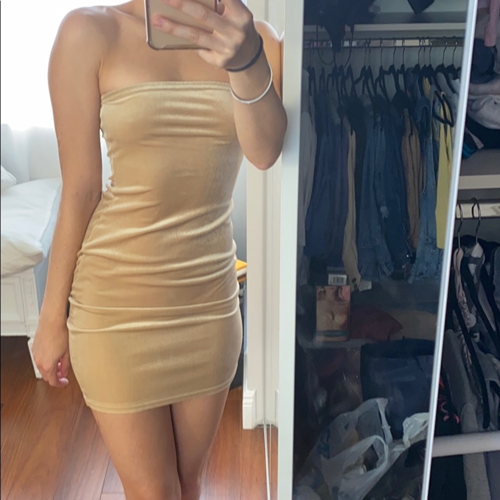 Pretty little thing strapless Gold velvet dress XS